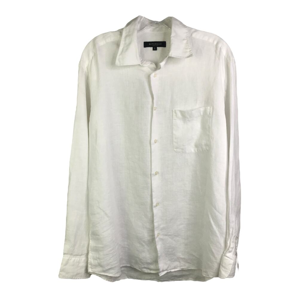 Mitchells Blouse Womens Sz L White Linen Button Down Shirt Summer Lightweight‎